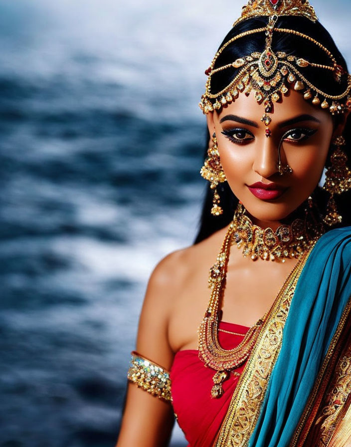 Traditional Indian Attire Woman Pose with Ocean Background