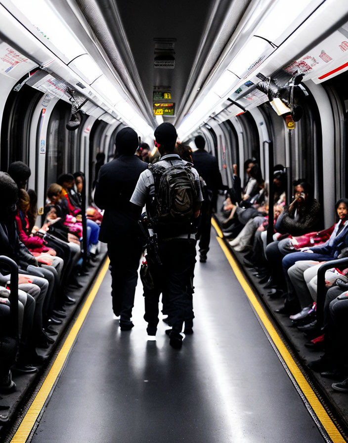 Security guard patrolling subway car with seated passengers