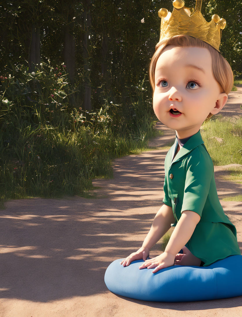 Blue-eyed animated baby in gold crown on path, surrounded by greenery.