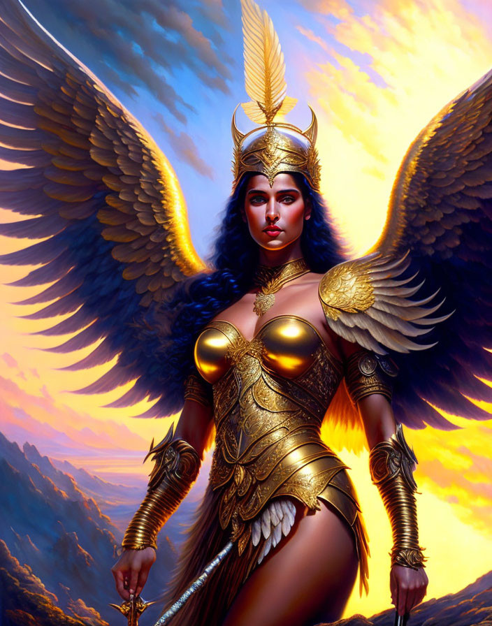 Fantasy warrior woman in golden armor with wings at sunset