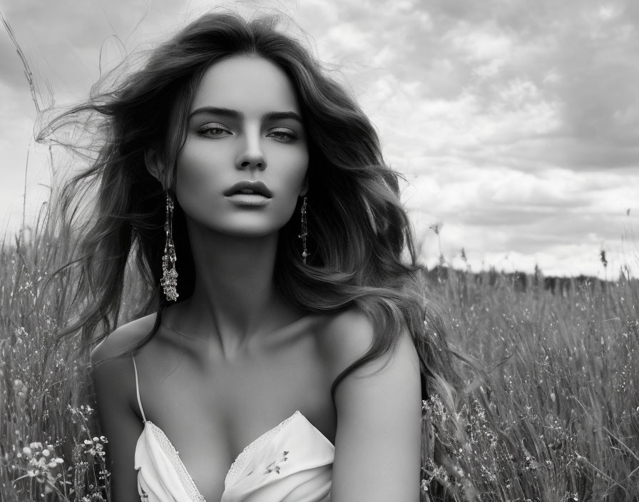 Monochrome photo of woman with flowing hair in field under dramatic sky