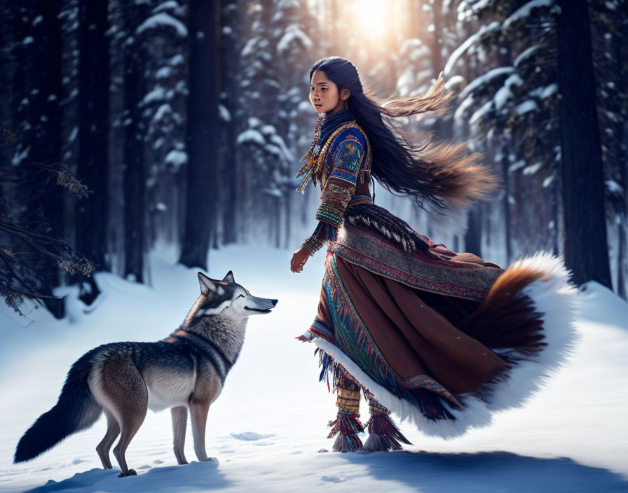 Woman in traditional attire with wolf in snowy forest