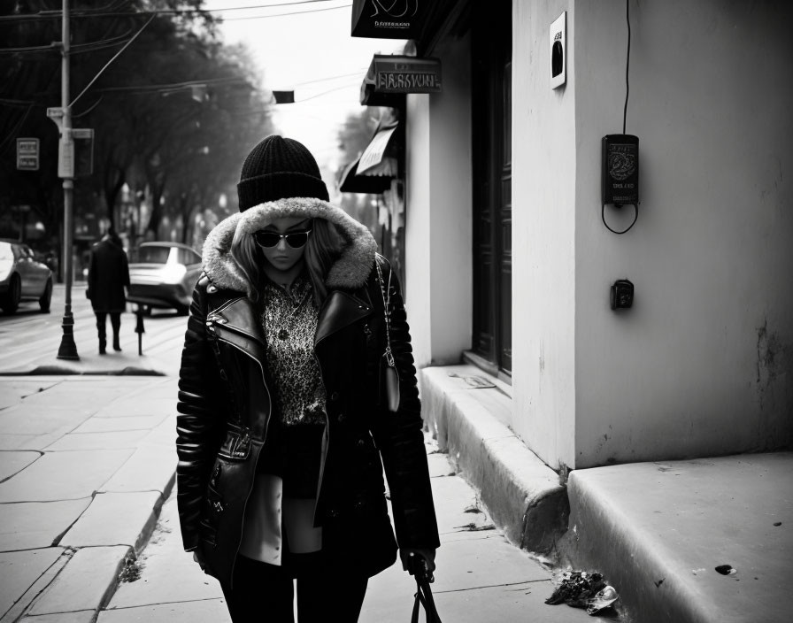 Person in winter attire walks city sidewalk in black and white photo