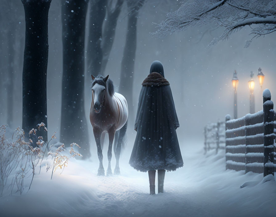 Hooded figure and horse in snowy forest with glowing lanterns