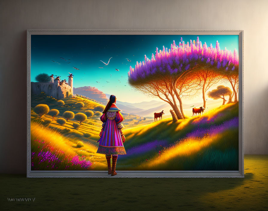 Vibrant traditional outfit woman in fantastical landscape with luminescent flora