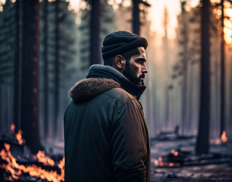 Man in coat and beanie in smoldering forest with golden light