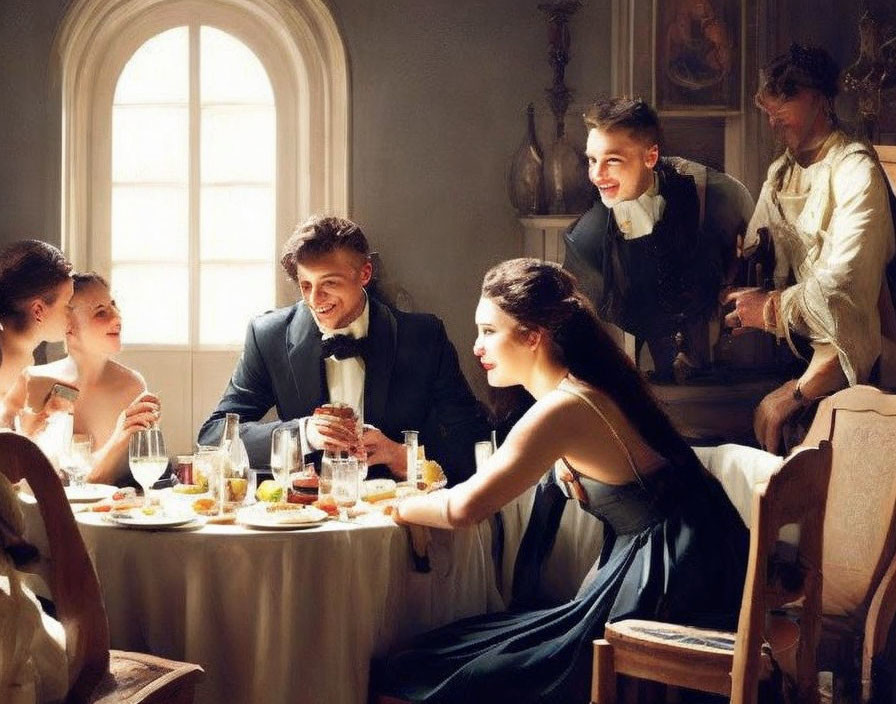 Sophisticated dinner party with well-dressed guests conversing over drinks