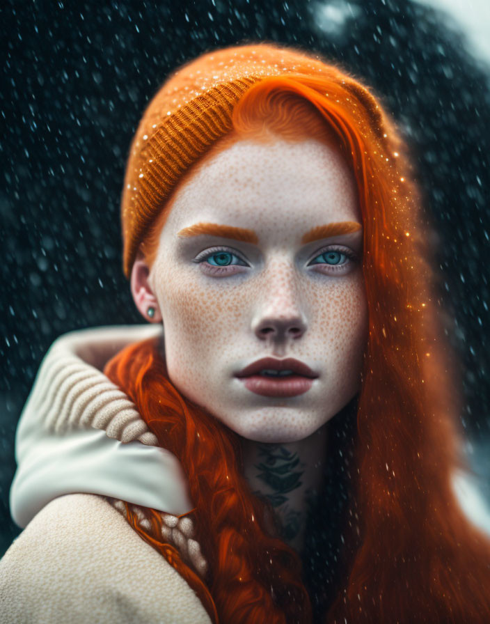 Red-haired person in orange beanie and cream jacket in snowfall