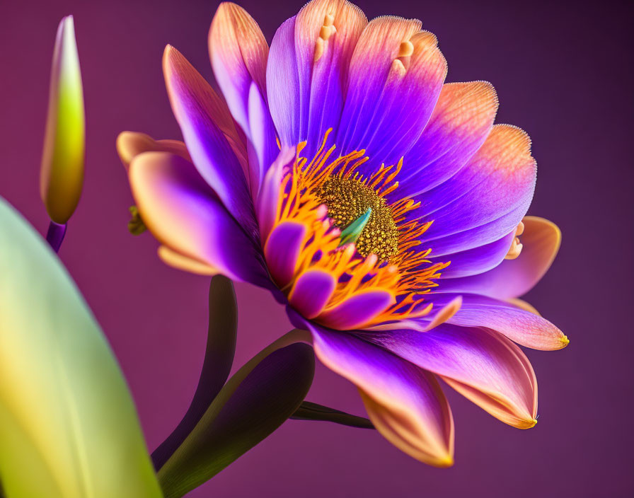 Close-Up of Vibrant Purple Flower with Yellow Stamens on Soft Purple Background