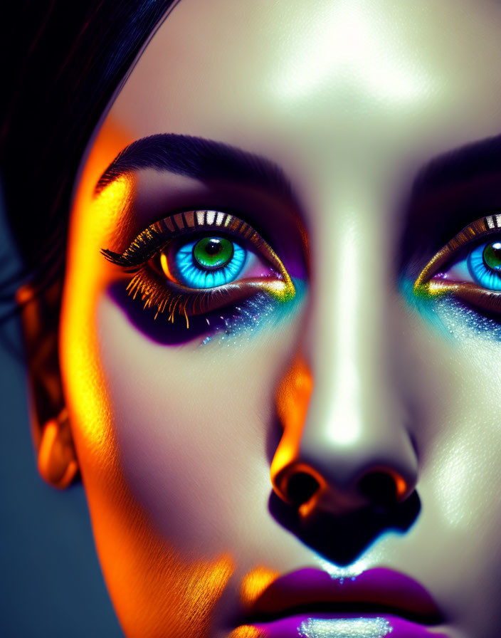 Vibrant multicolored lighting on woman's face with vivid blue eyes