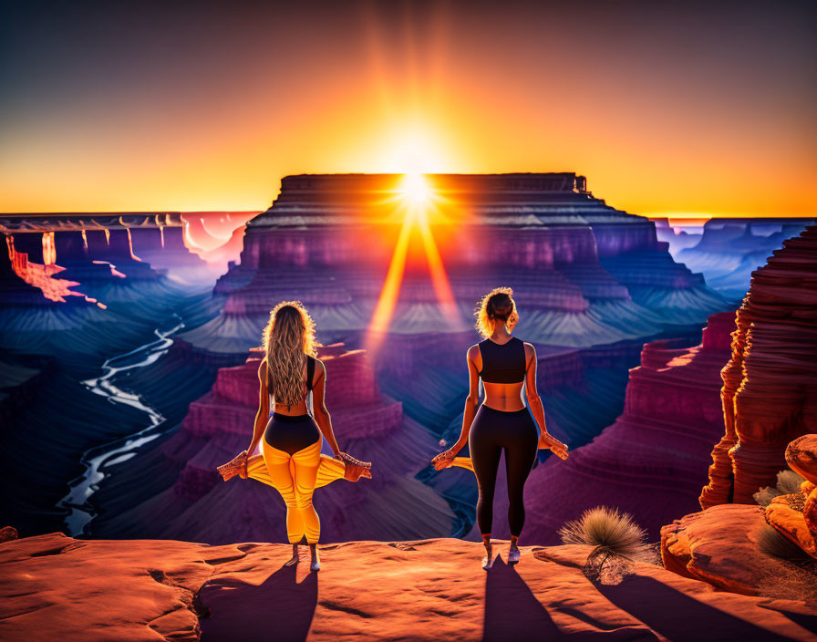 Sunset canyon ledge view with two people overlooking layered rock formations