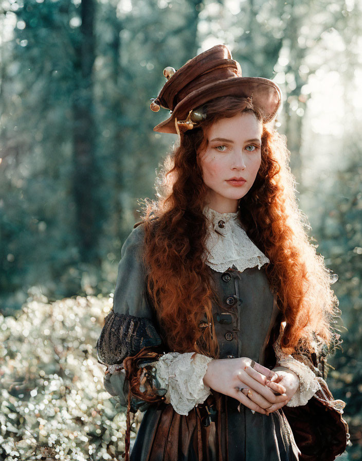 Woman with long, curly red hair in steampunk outfit in sunlit forest