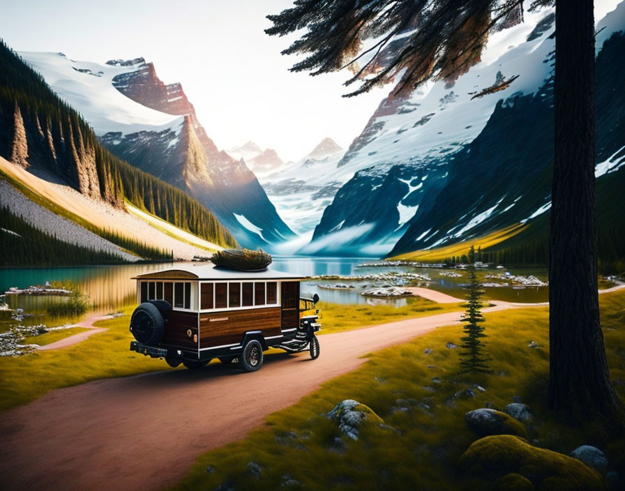 Vintage Bus on Mountain Road Near Serene Lake at Sunset