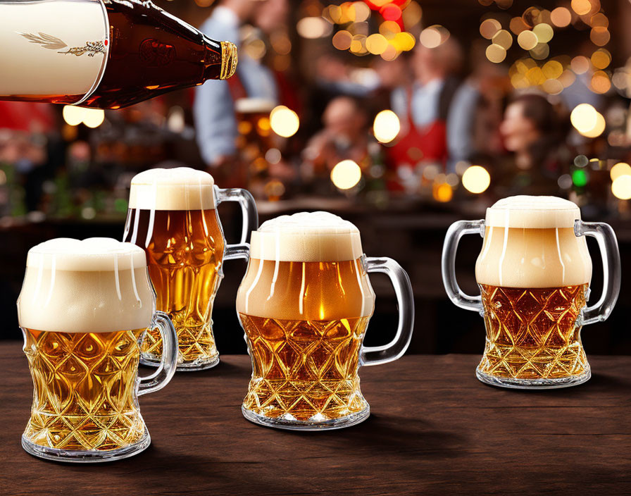 Beer bottle pouring into four mugs on wooden bar in festive setting