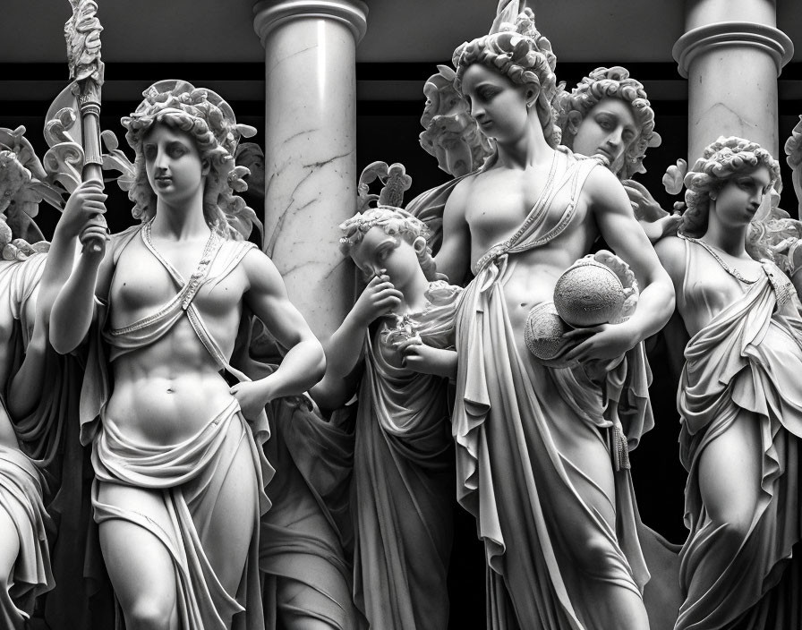 Female Classical-style Sculptures with Drapery, Spear, and Globe Displayed by Columns