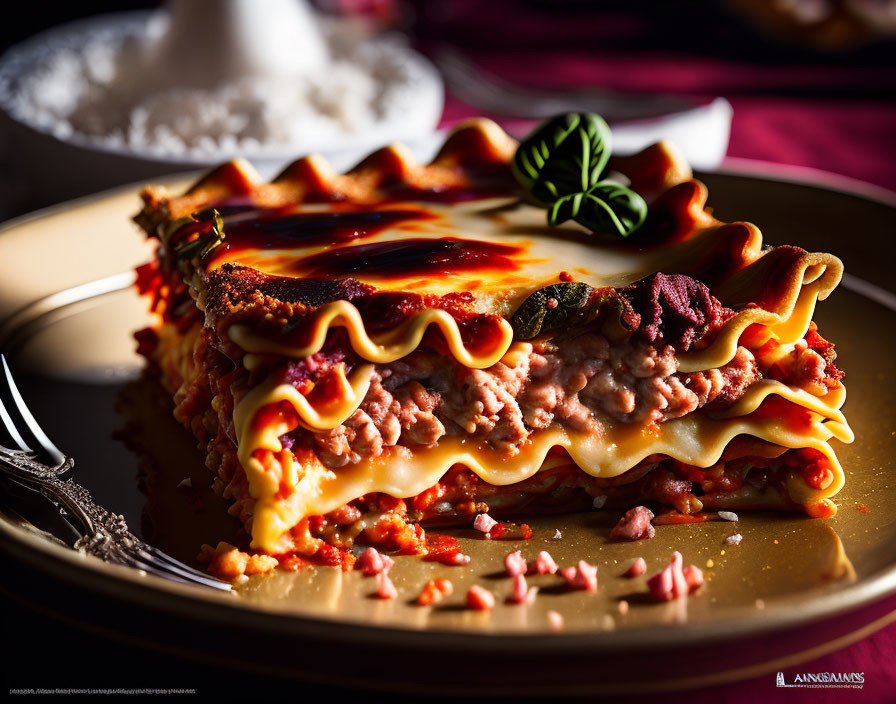 Layered Meat Lasagna with Tomato Sauce, Pasta, Basil, and Cheese on Beige Plate