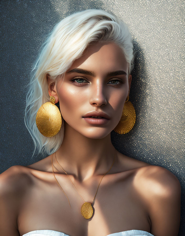 Platinum blonde woman with blue eyes and bold makeup on glittering background