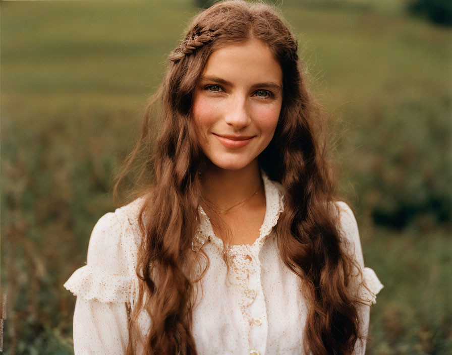 Smiling woman with braided hair in vintage white blouse in grassy field