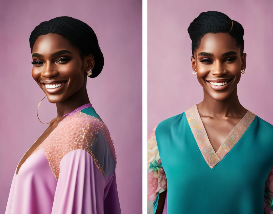 Woman in Pink Blouse and Teal Top Smiling Portrait