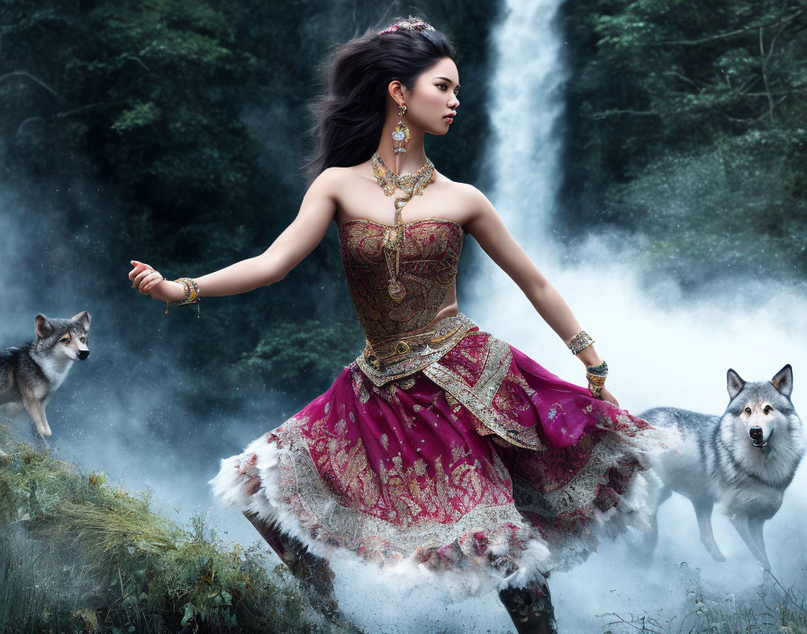 Woman in red and gold dress with huskies in misty forest portrait.