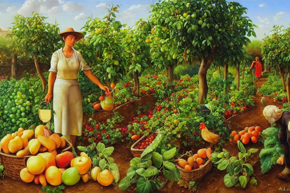 Colorful Fruit Orchard Painting with People Picking Fruits