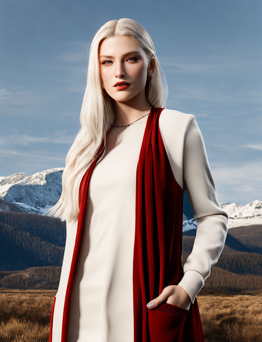 Digital illustration: Woman with white hair, red cape, mountainous background