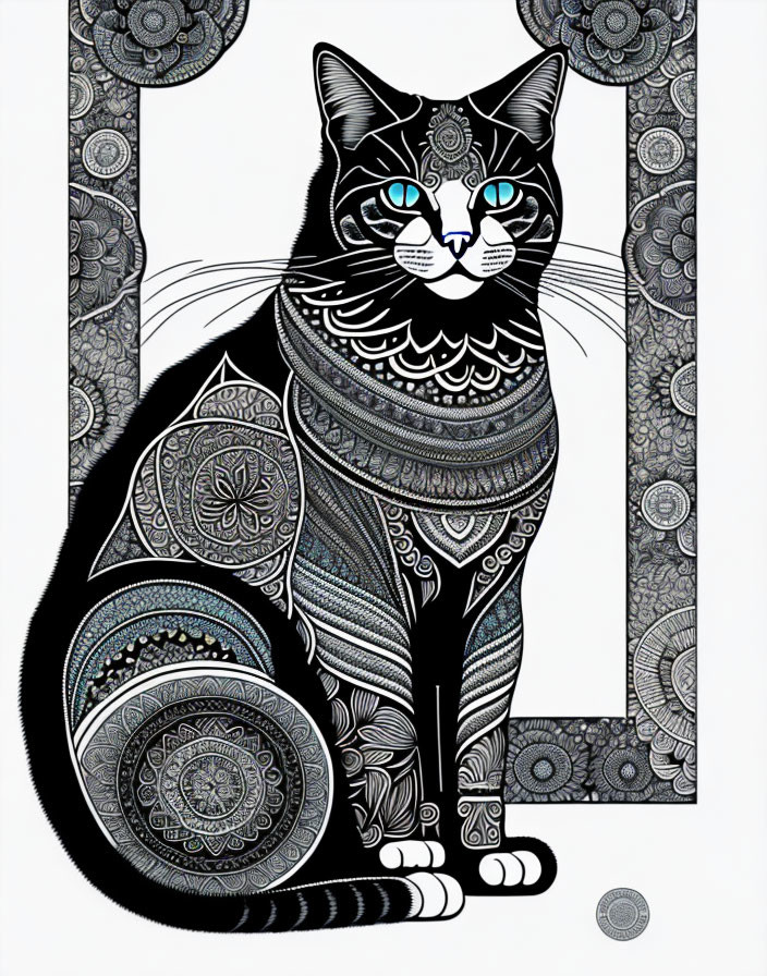 Detailed Black and White Cat Illustration with Intricate Patterns