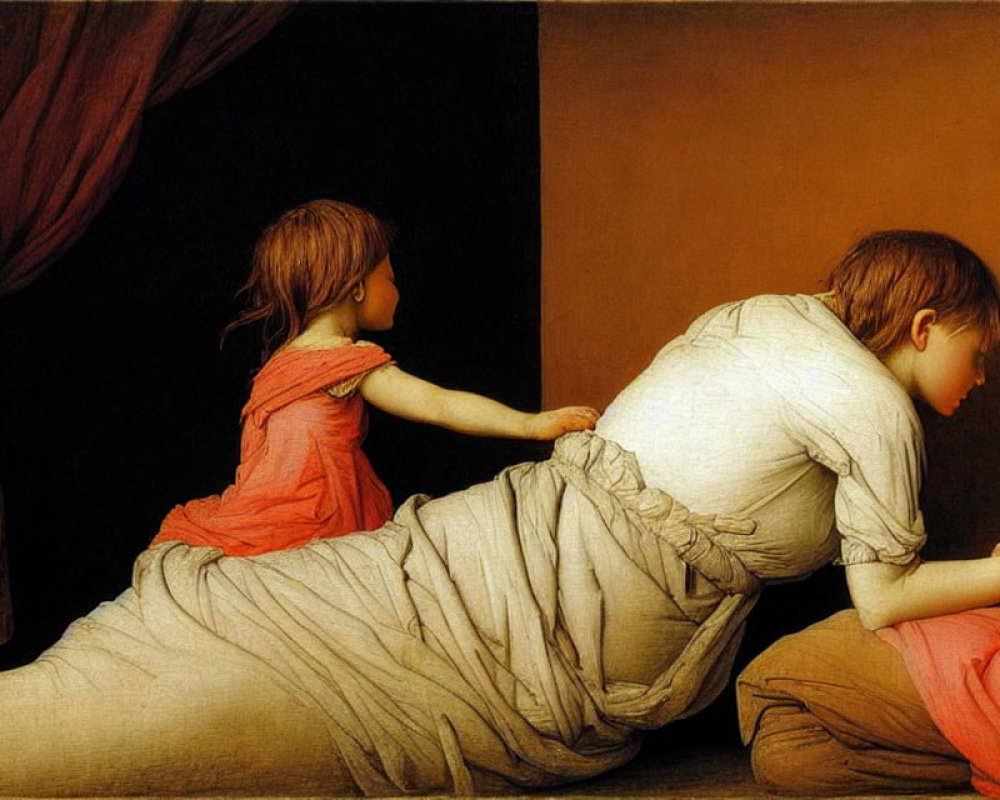 Classical painting featuring three figures in red, brown, and a woman's back