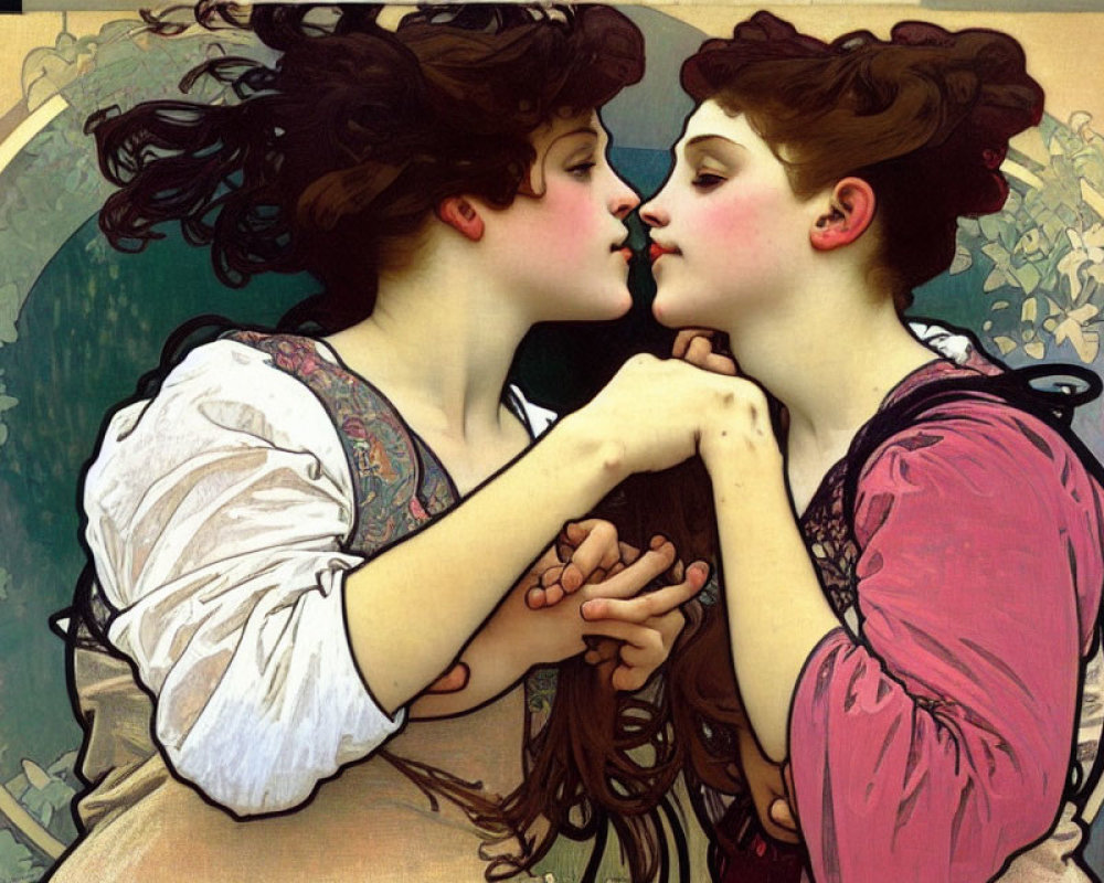 Art Nouveau style illustration of two women embracing and kissing tenderly