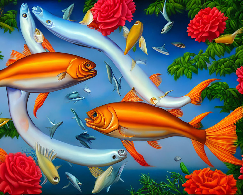 Colorful koi fish swimming with blue fish and flowers in aquatic scene