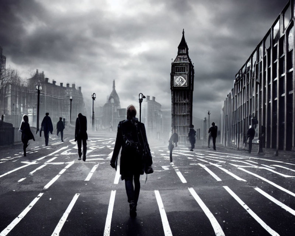 Iconic Big Ben with people crossing zebra crossing in London