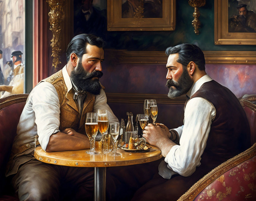 Two bearded men in vintage-style bar having beers and conversation.