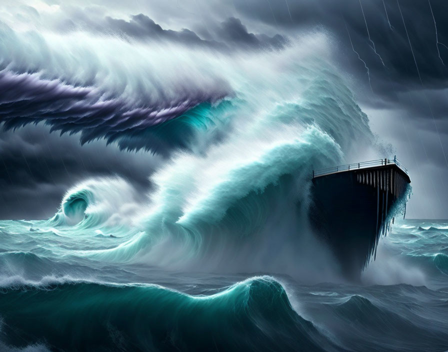 Digital artwork: Massive wave crashing on pier in storm