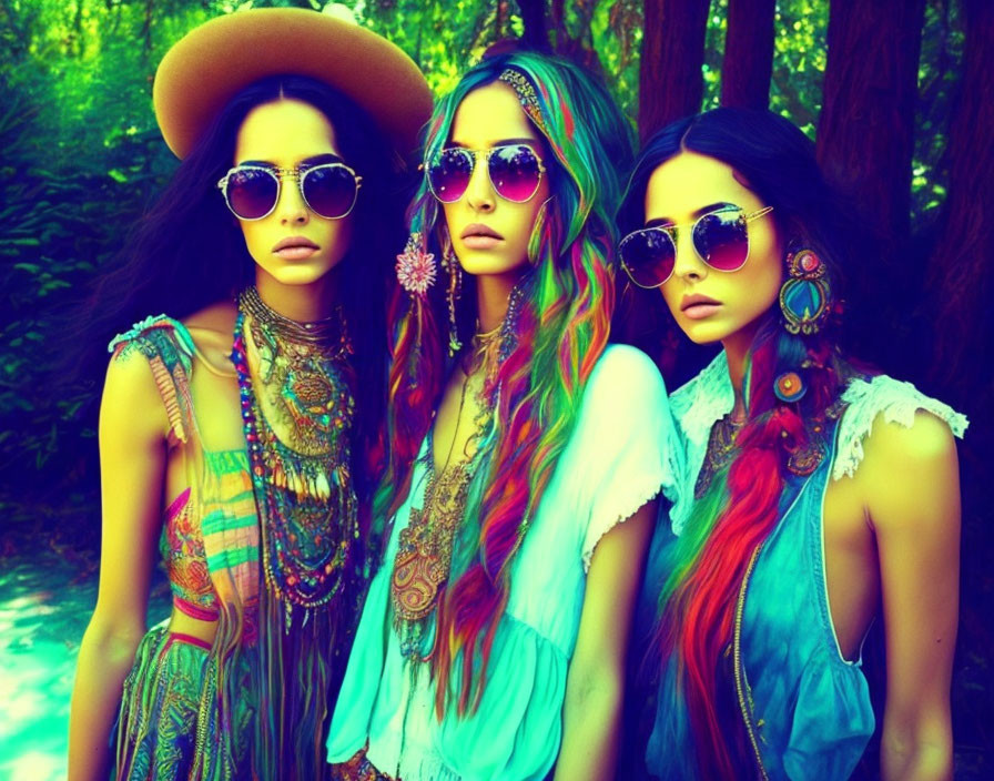 Three Women with Colorful Hair and Bohemian Attire in Wooded Setting