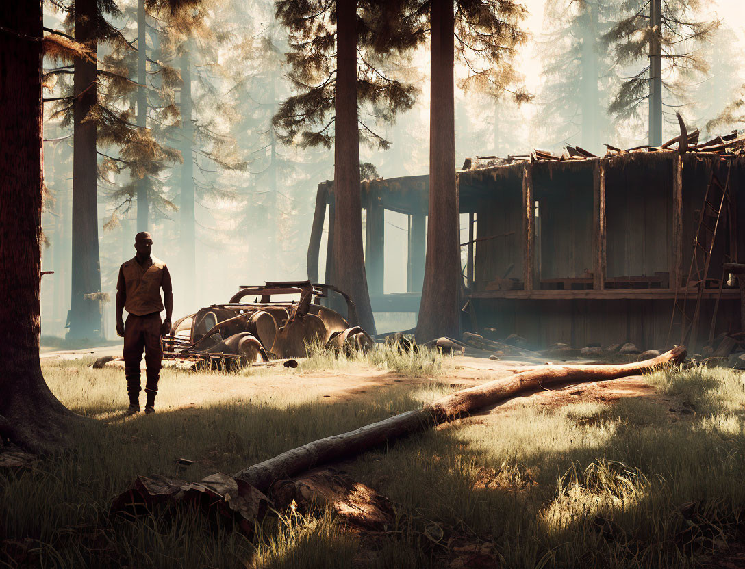 Man in forest clearing near derelict cabin and rusted vehicle.