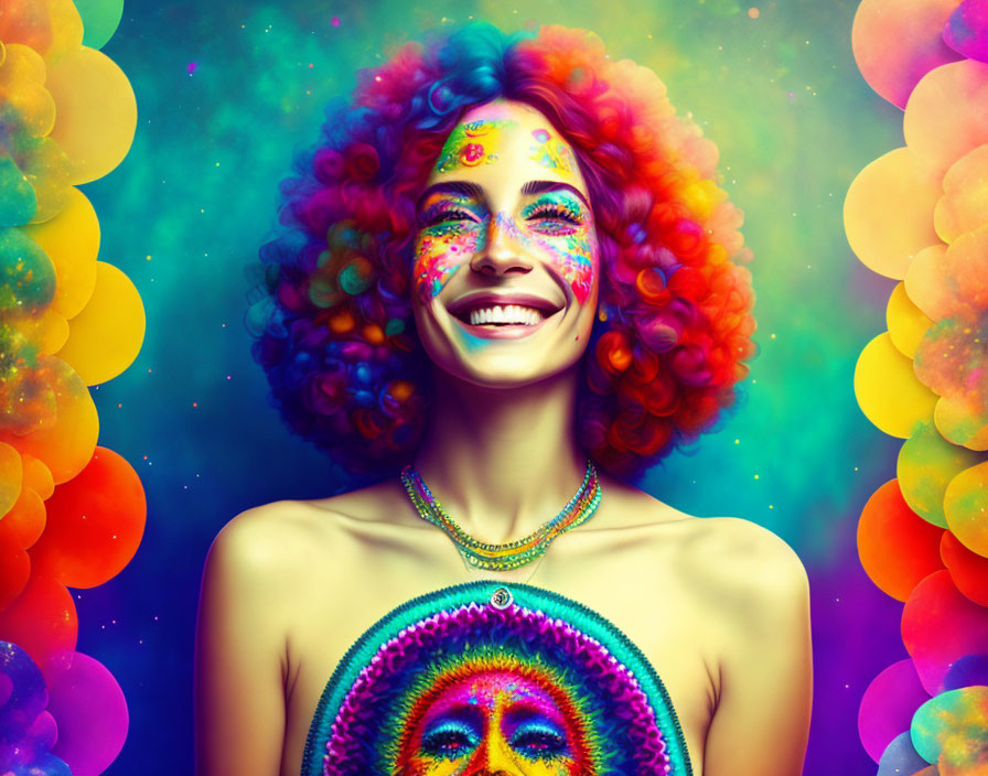 Colorful Smiling Person with Curly Hair and Body Paint on Multicolored Background