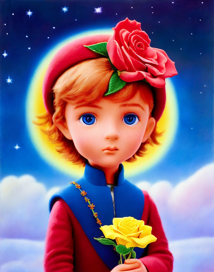 Colorful Child Illustration with Yellow Rose on Starry Background