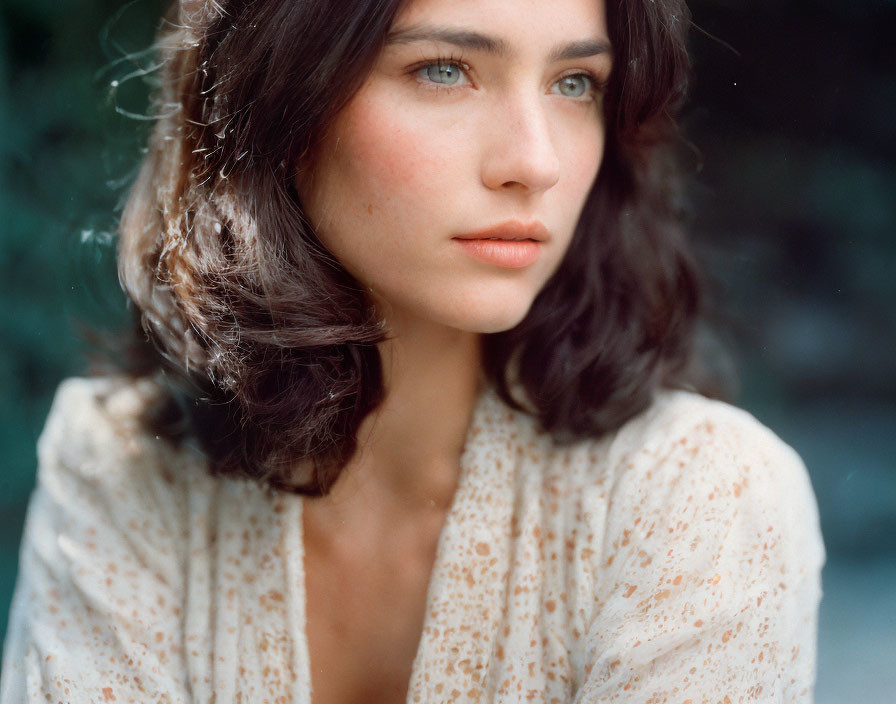 Woman with shoulder-length dark hair in floral dress gazes sideways.