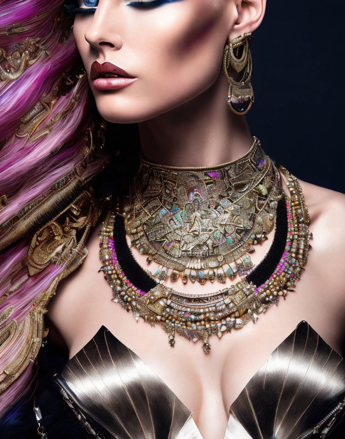 Colorful Hair Woman: Bold Makeup & Elaborate Gold Jewelry