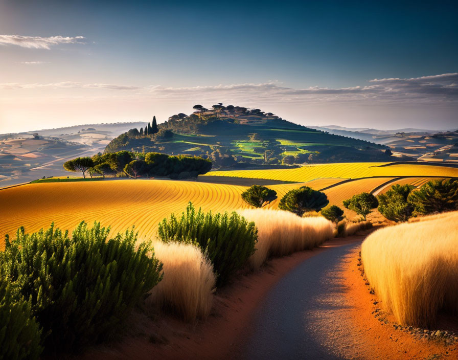 Scenic dirt road through golden and green hills at sunrise or sunset