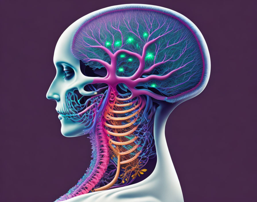 Detailed Human Head Illustration with Skeleton and Tree Nervous System