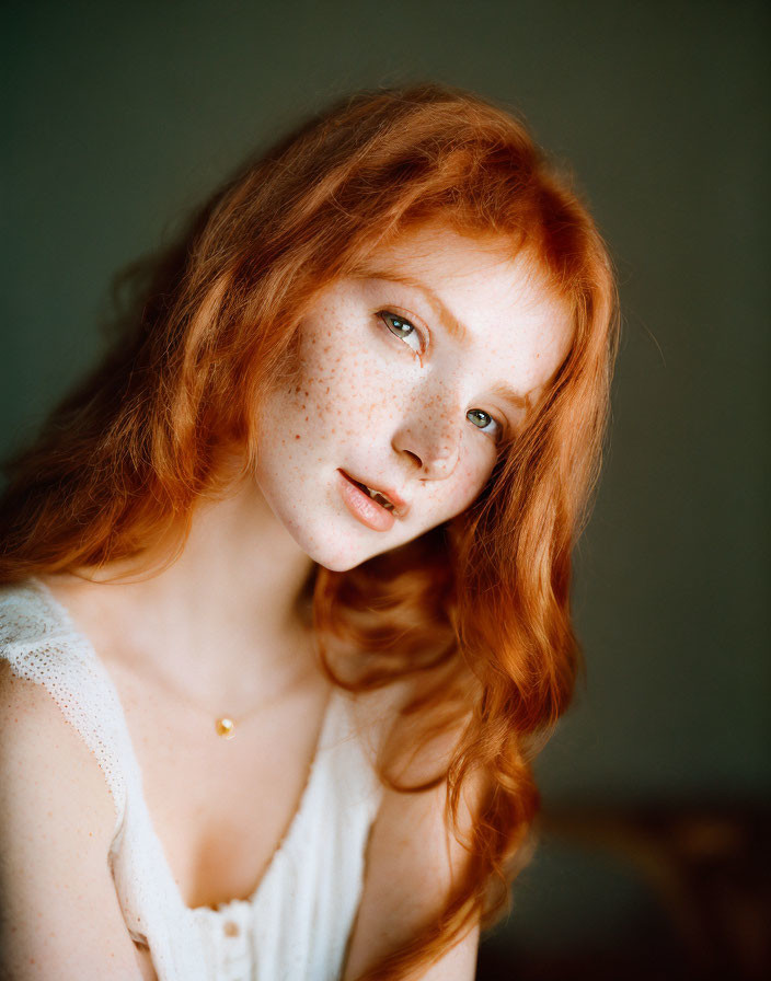 Portrait of person with red hair and freckles against soft green background