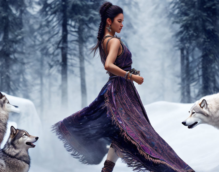 Woman in flowing dress with three wolves in snowy forest