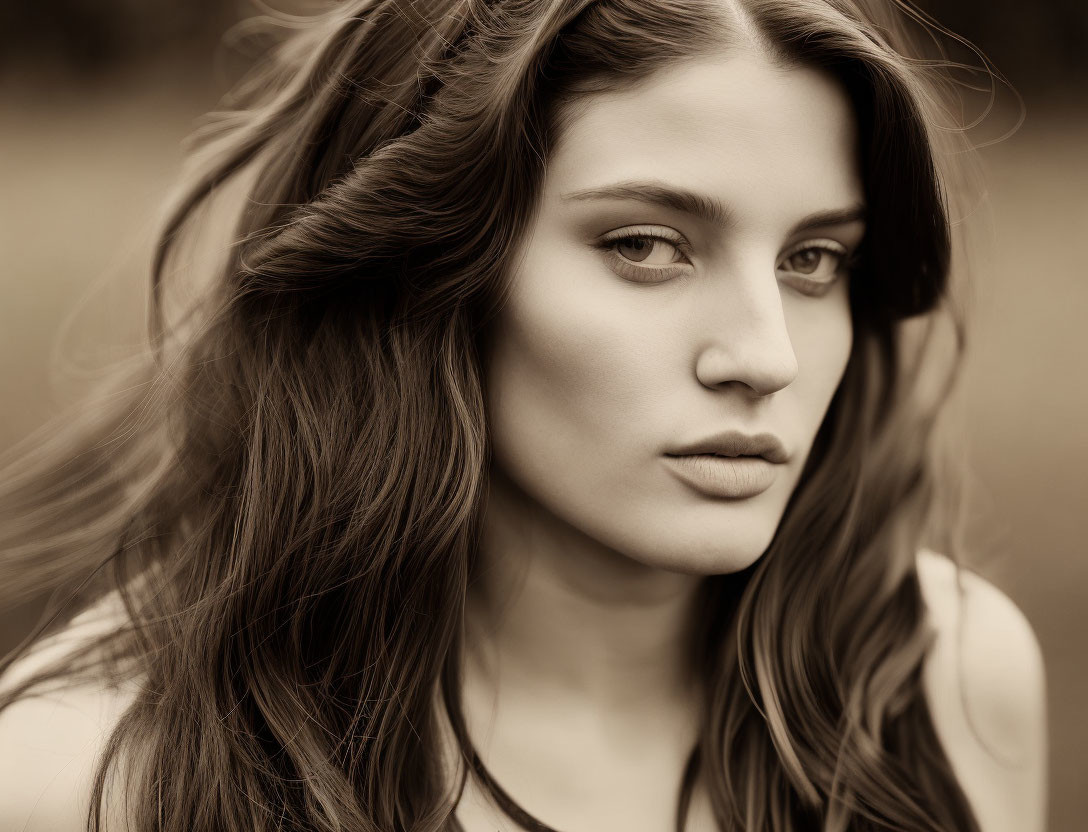 Woman with Wavy Hair in Sepia Close-Up Portrait