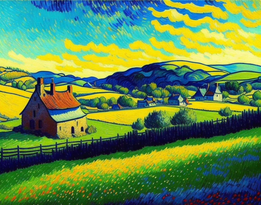 Colorful Stylized Landscape with Quaint House and Rolling Hills