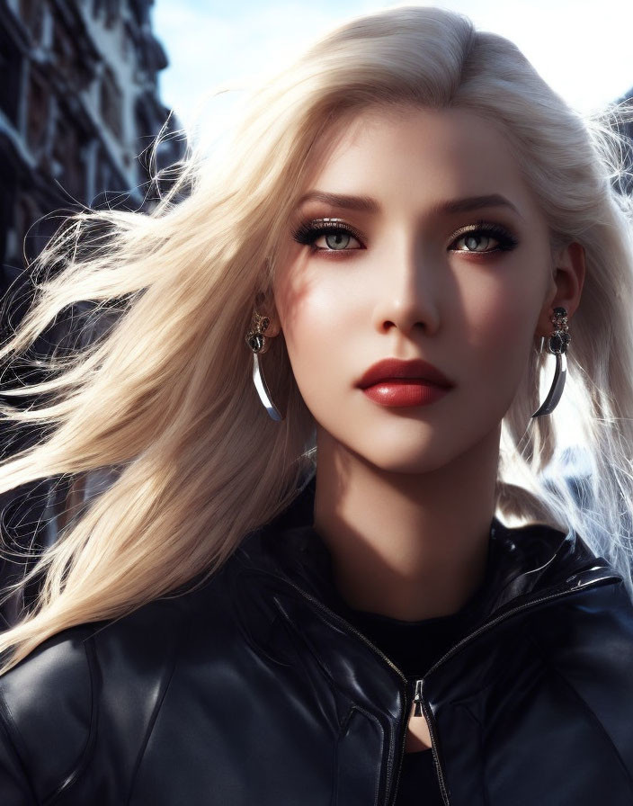 Platinum blonde woman with amber eyes in leather jacket