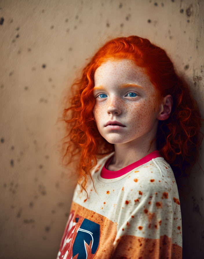 Young child with red curly hair in stained shirt against beige wall