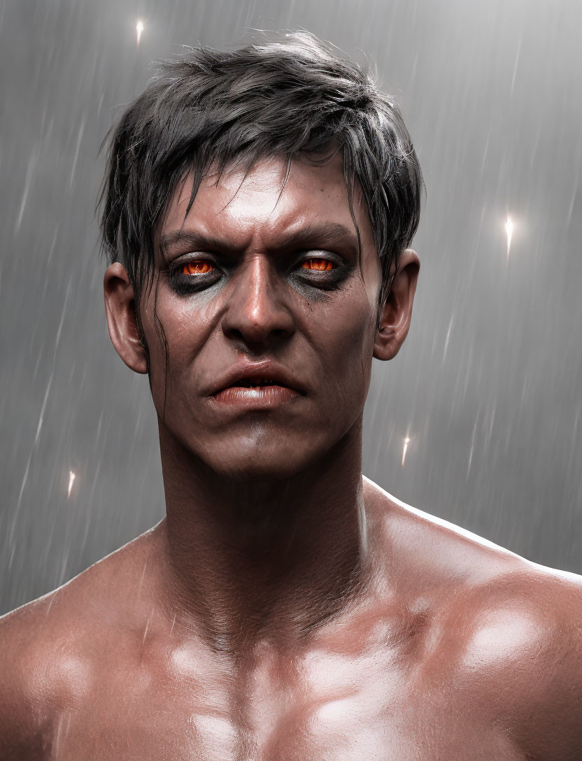 Shirtless person with dark hair and orange eyes in the rain