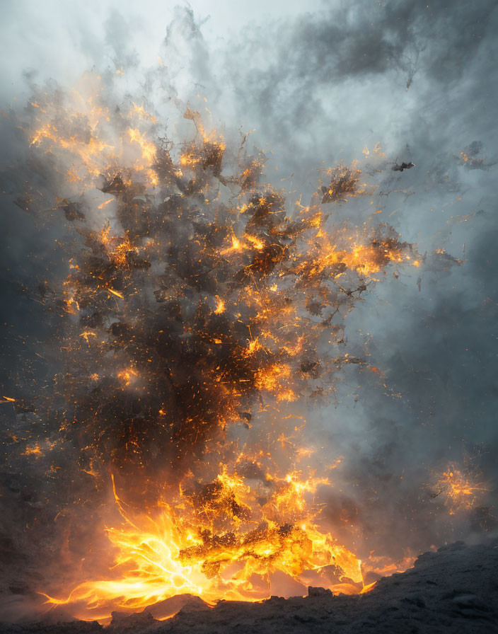 Fiery substance eruption forms tree-like shape in smoky sky