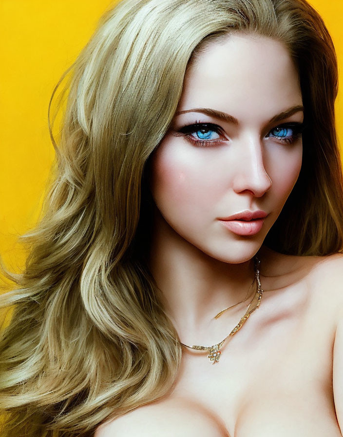 Portrait of woman with long wavy blonde hair, blue eyes, gold necklace on yellow background